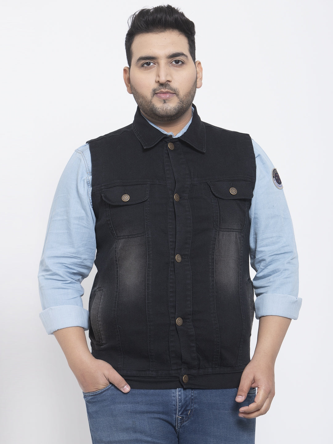 Plus Size Men Black Solid Sleeveless Denim Jacket