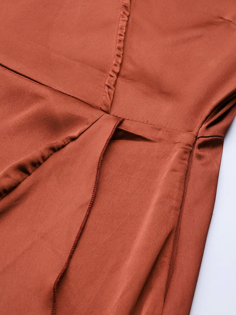 plusS Women Rust Orange Satin Finish Solid Maxi Wrap Dress