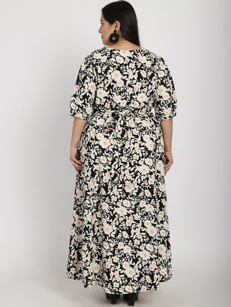 Plus Size Floral Printed V-Neck Cuffed Sleeve Fit & Flare Pleated Cotton Maxi Dress