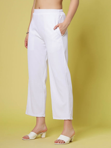 Women White Solid Parallel Trousers