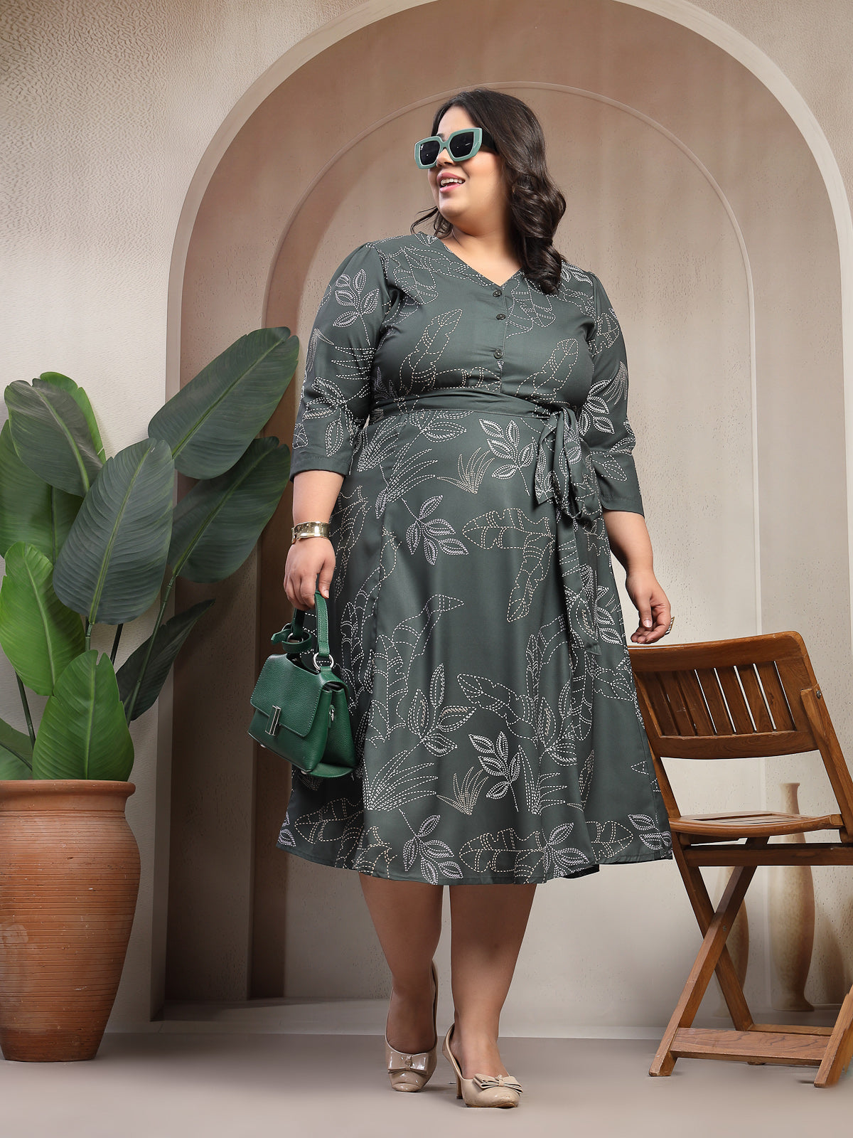 Plus Size Floral Print Midi Dress 7XL / Olive / Polyester