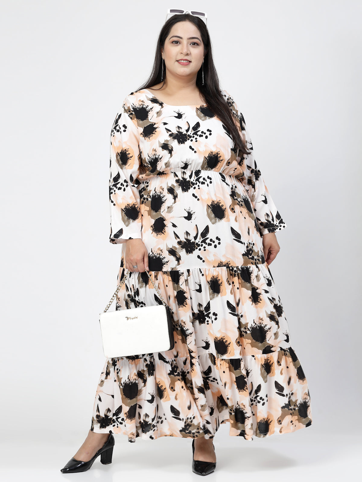 Plus Size Round Neck Long Puff Sleeves Floral Print Maxi Dress