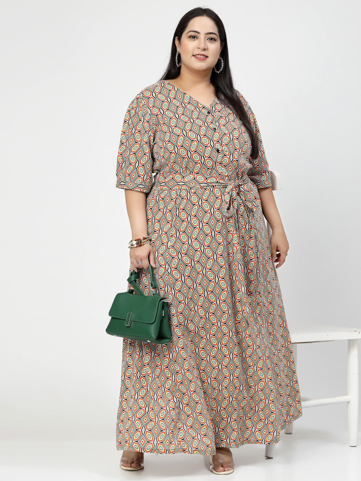 Plus Size V Neck Puff Sleeves Floral Print Maxi Dress
