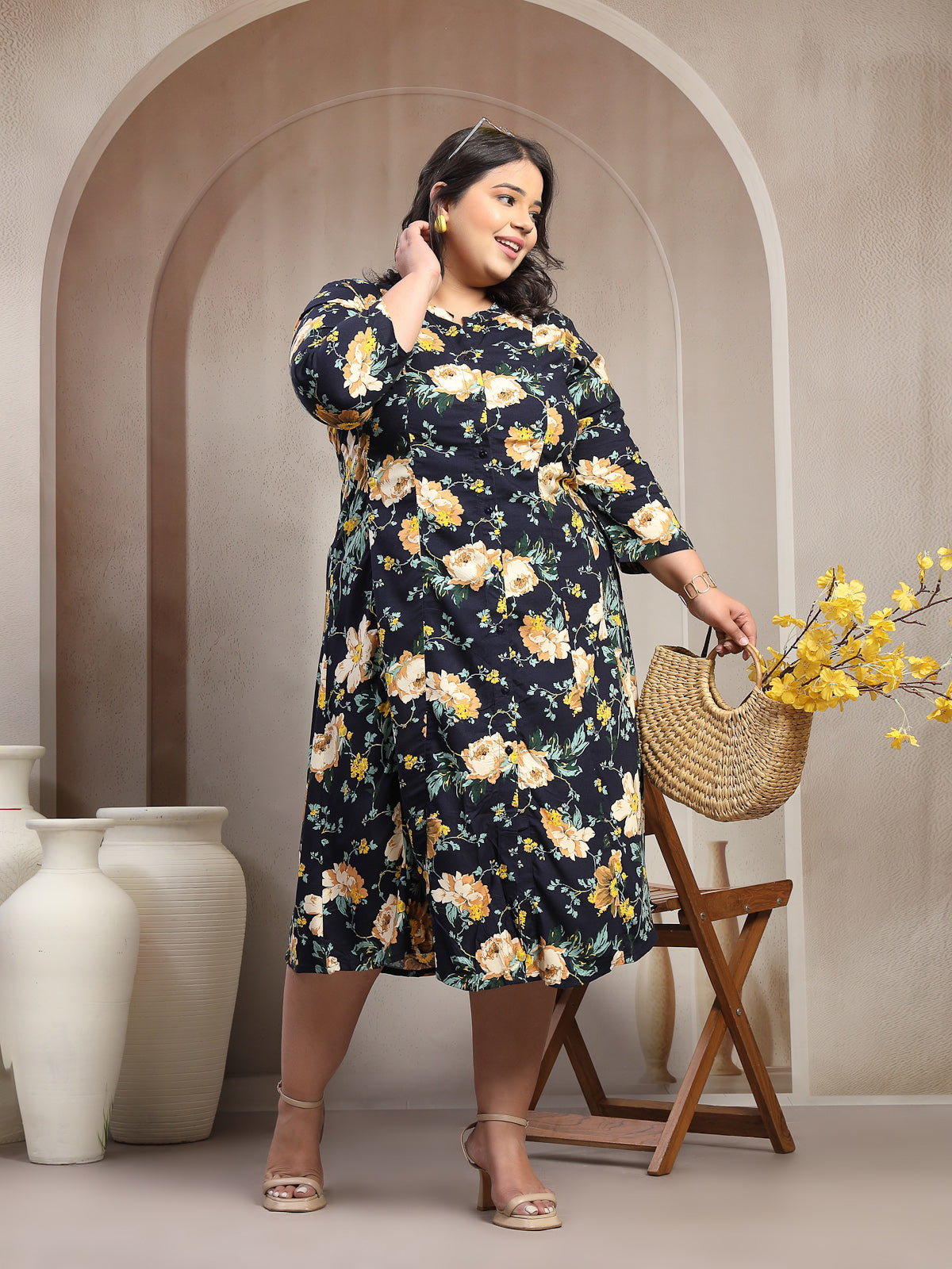 Plus Size Floral Printed Mandarin Collar Shirt Dress