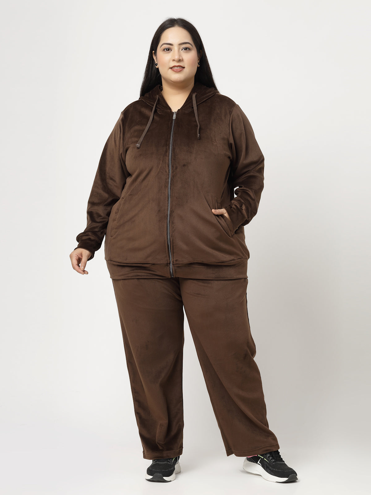 Plus Size Women Velvet Hooded Tracksuit - Main Image