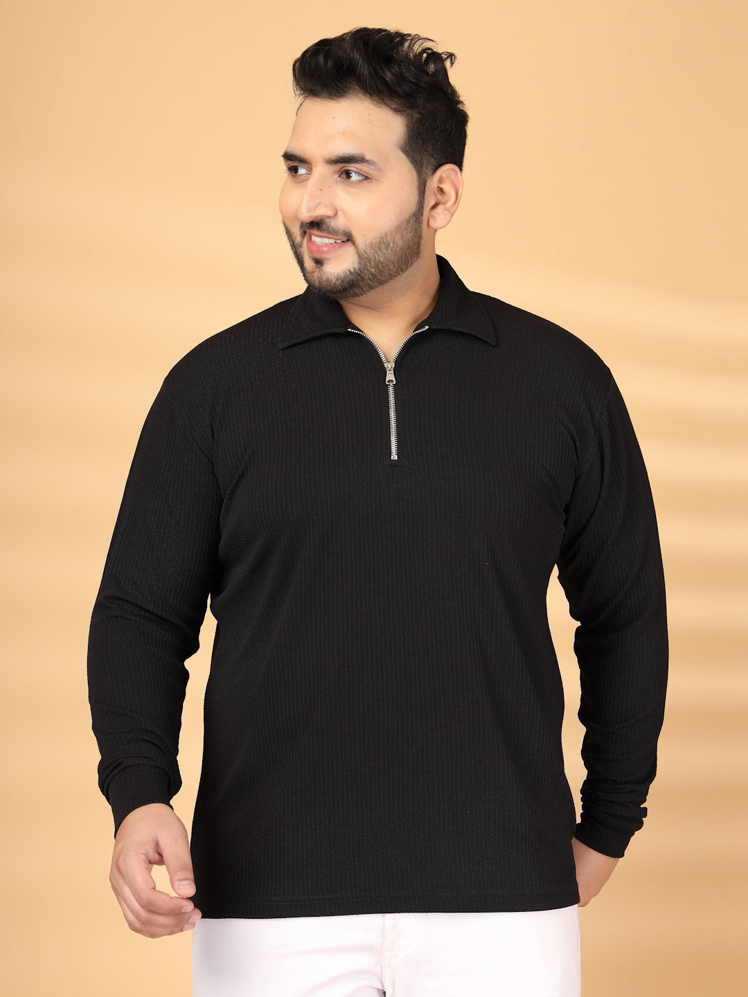 Plus Size Self Design Polo Collar Long Sleeves T-shirt