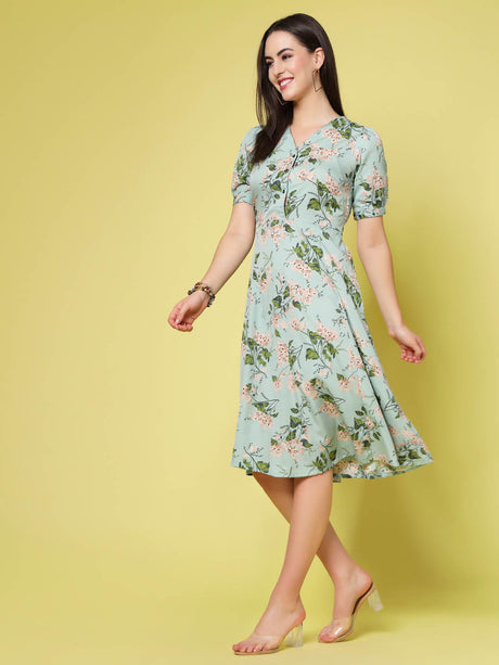 Sea Green Floral Print V-Neck Puff Sleeve Fit  Flare Dress