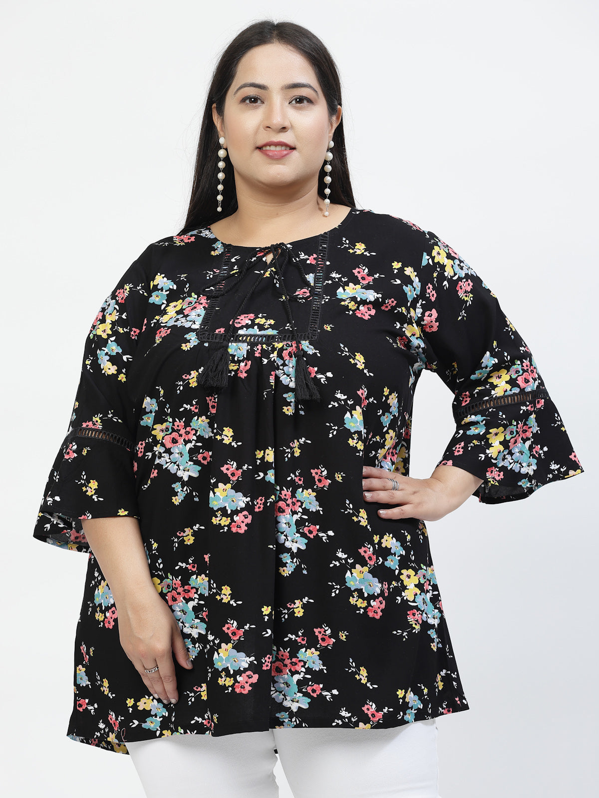 Plus Size Floral Print Bell Sleeve Top