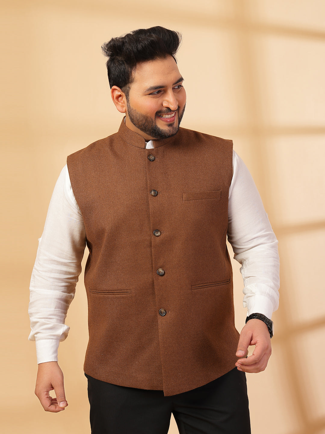 Plus Size Mandarin Collar Solid Woven Nehru Jacket