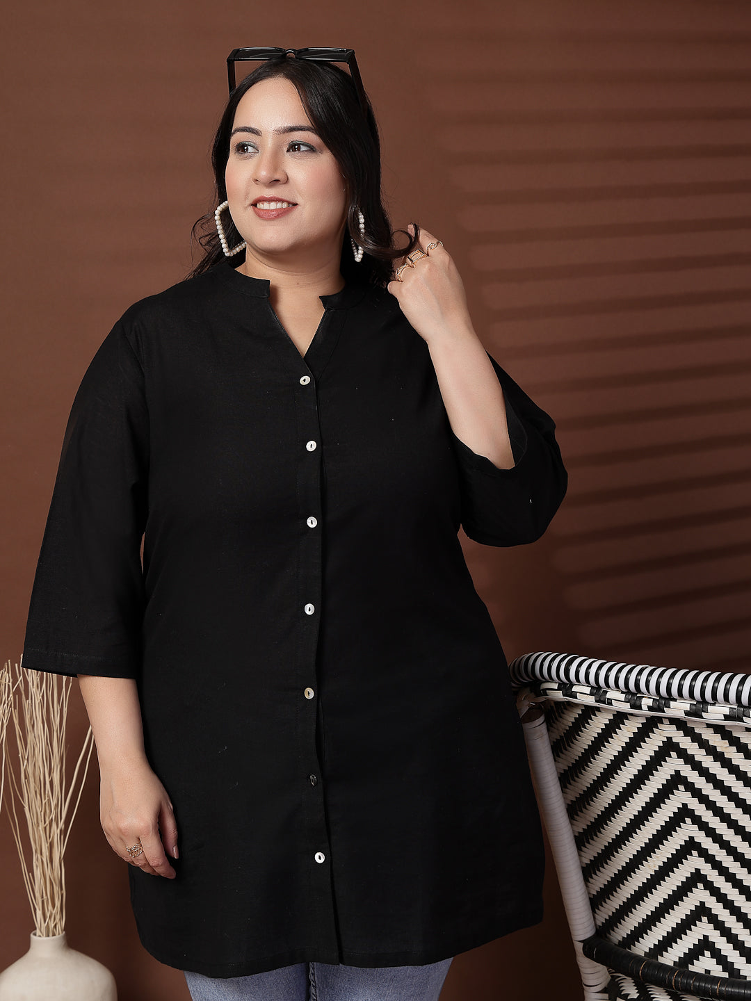 Plus Size Women Black Shirt Style Linen Top