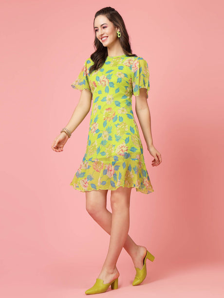 Lime Green Floral Printed Bell Sleeves A-Line Dress