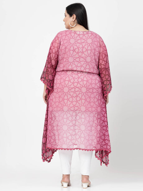 Plus Size Pink Geometric Printed V-Neck Flared Sleeves Kaftan Kurta