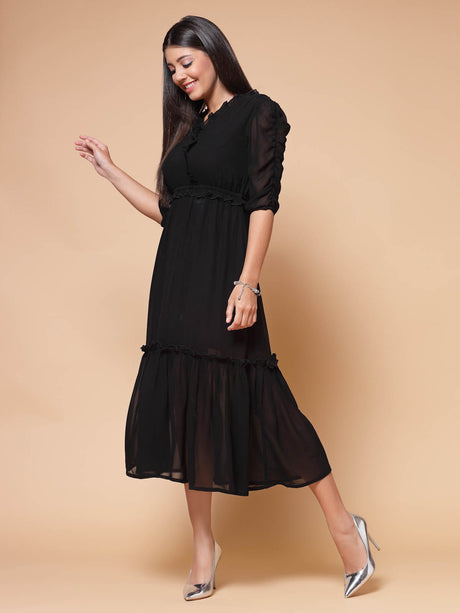 Black Puffed Sleeves A-Line Midi Dress