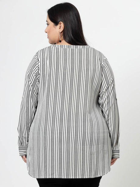 White Vertical Striped Mandarin Collar Roll-Up Sleeves Longline Top