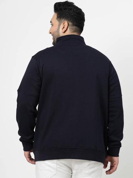Navy Blue Typography printed Mock Collar Cotton Front Open Sweatshirt