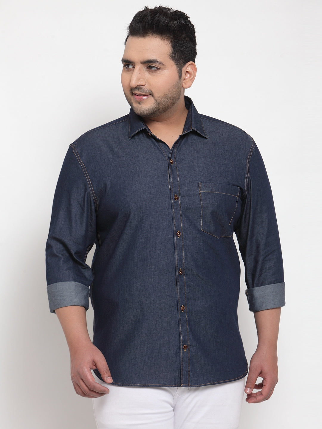 Plus Size Men Blue Regular Fit Solid Casual Denim Shirt