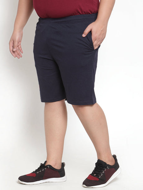 plusS Men Navy Blue Solid Slim Fit Regular Shorts