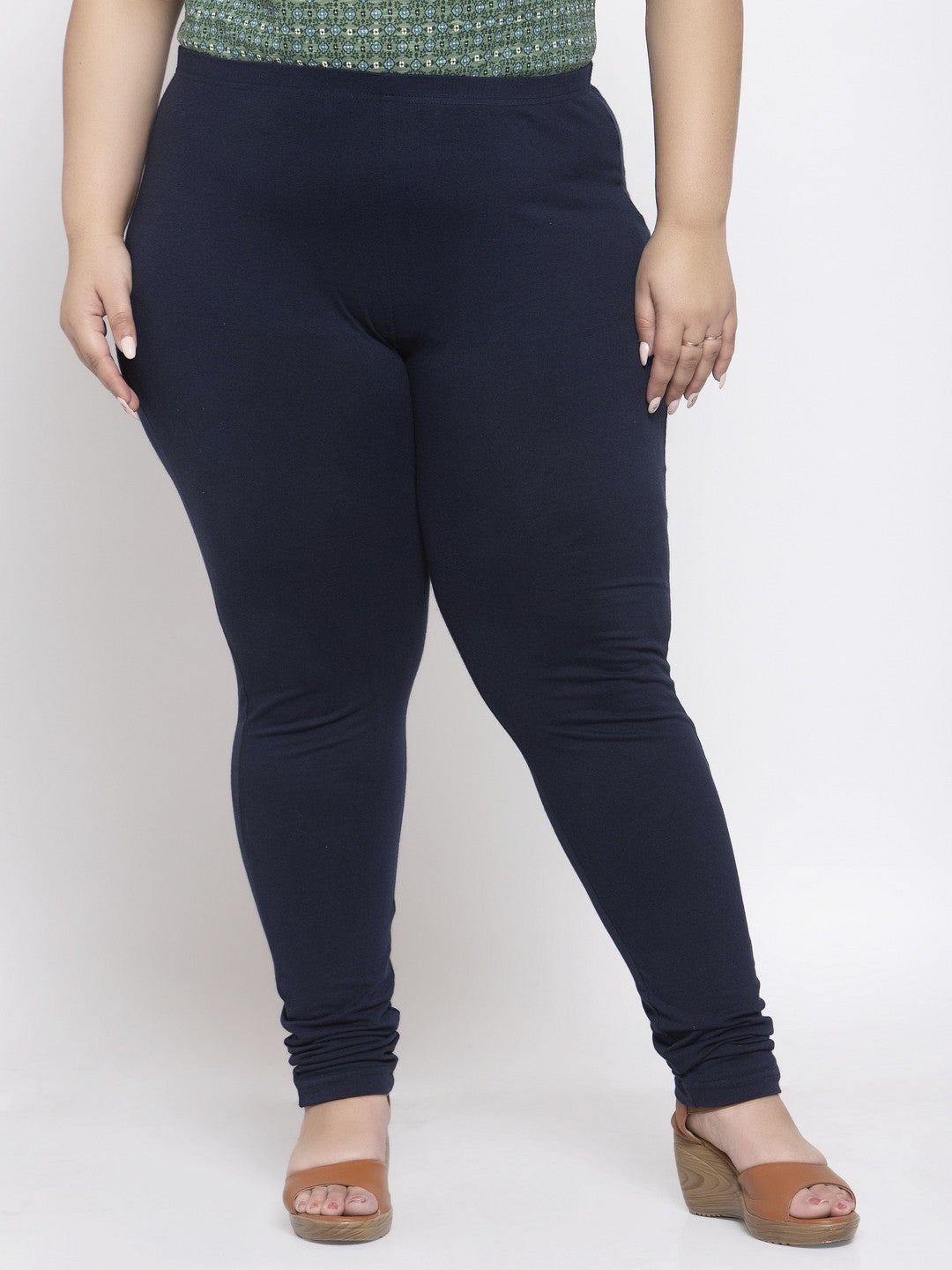 Plus Size Navy Blue Solid Churidar-Length Leggings
