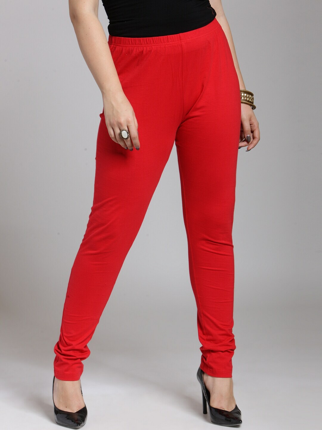 Plus Size Women Red Solid Churidar Leggings