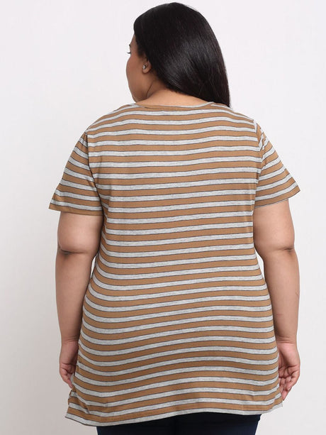 plusS Plus Size Women Brown  Grey Striped T-shirt