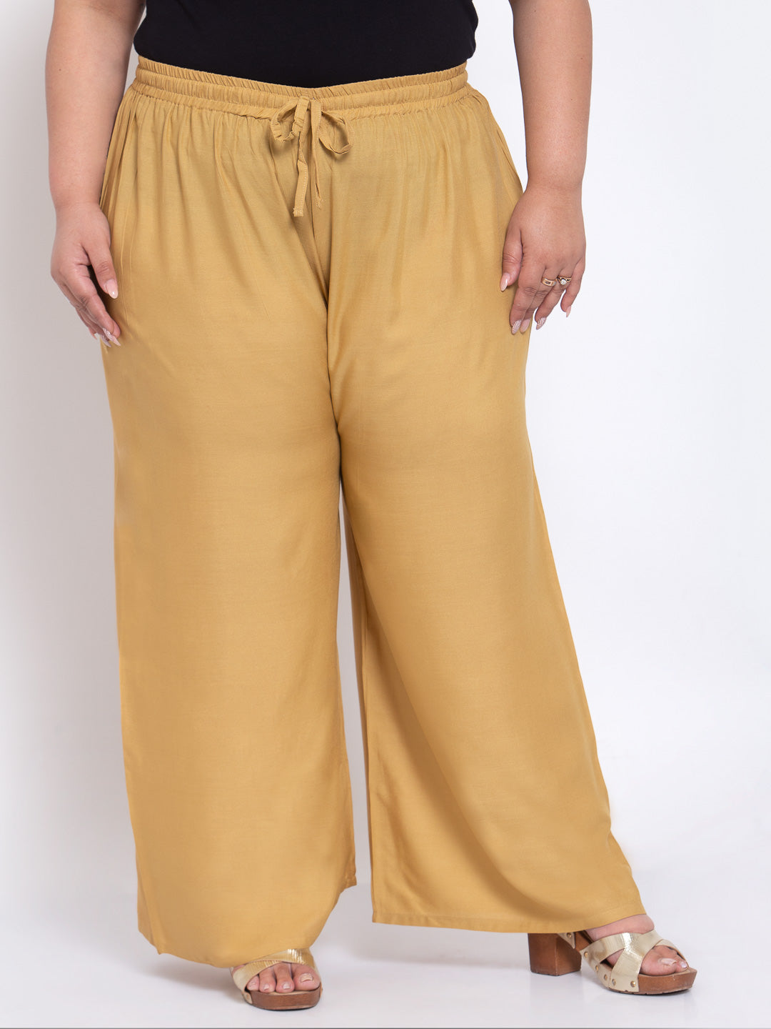 Plus Size Women Beige Solid Wide Leg Cotton Palazzos