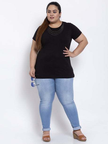 Women Plus Size Black Solid Round Neck Cotton T-shirt with Embellished Detail
