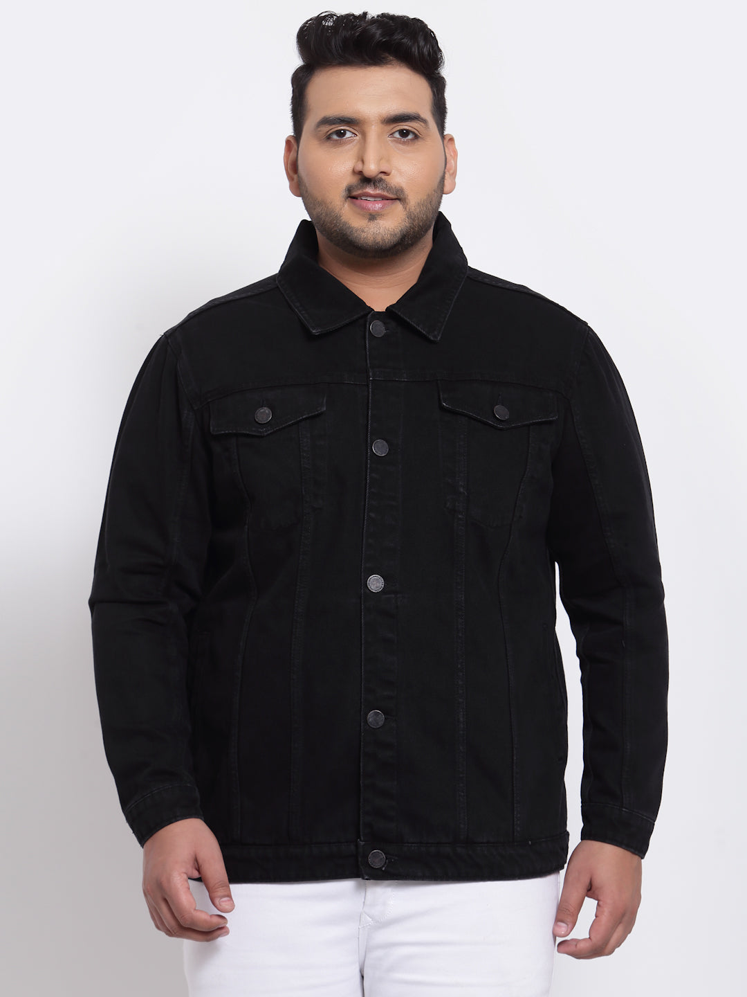 Plus Size Men Black Denim Jacket - Main Image