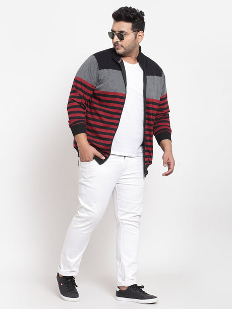 Men Grey & Red Striped Sweatshirt