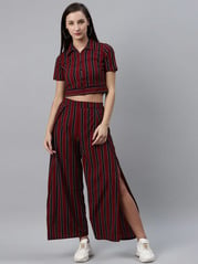 plusS Women Maroon  Black Striped Straight Palazzos with Side Slits
