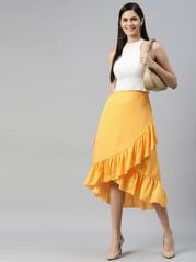 plusS Women Yellow Solid A-Line Midi Skirt