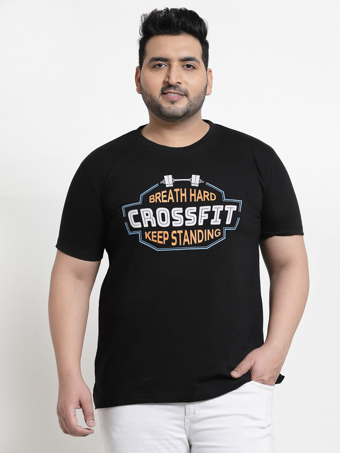 Plus Size Men Black White Printed Pure Cotton T-shirt