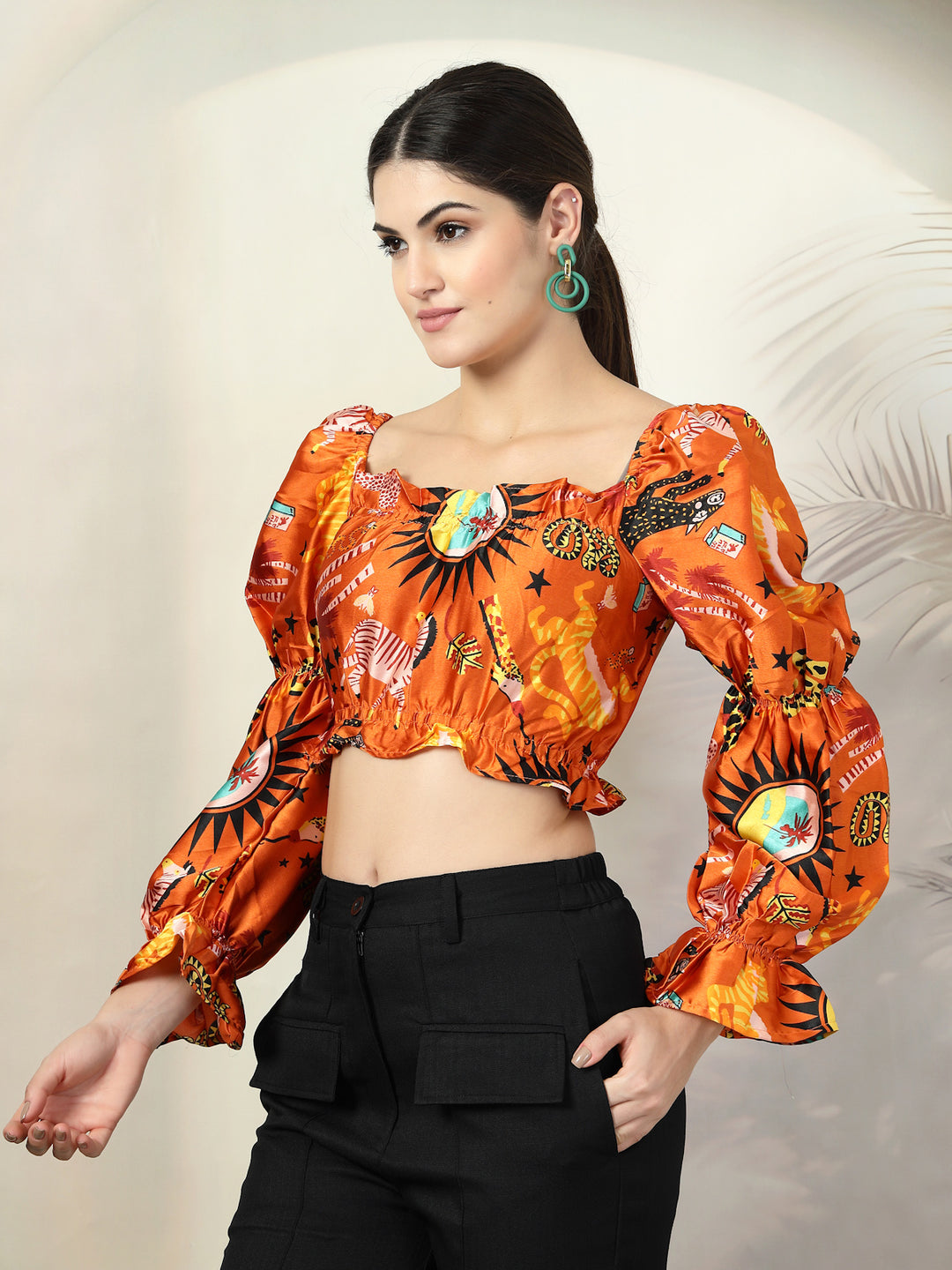 Floral Print Puff Sleeve Crop Top