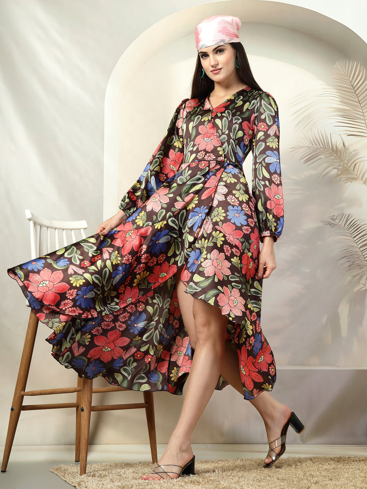 Floral Printed Wrap Midi Dress