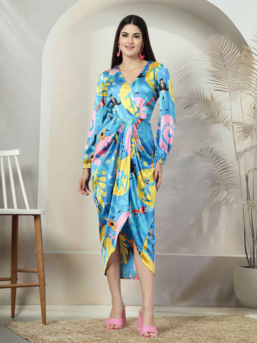 Abstract Printed A-line V-Neck Midi Dress