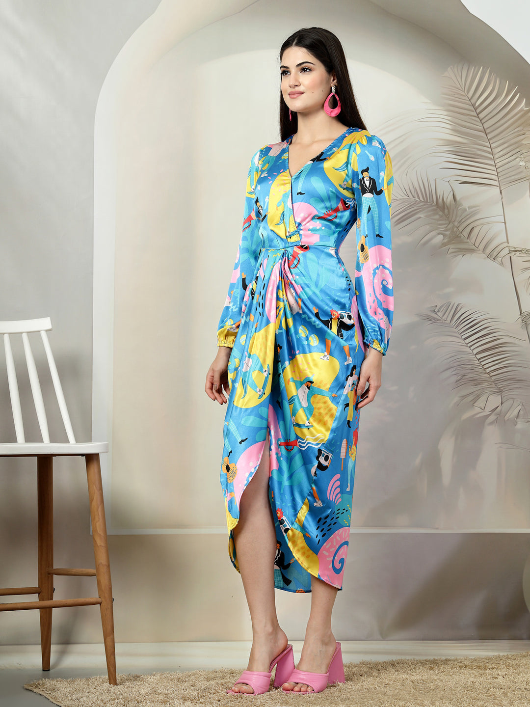 Abstract Printed A-line V-Neck Midi Dress