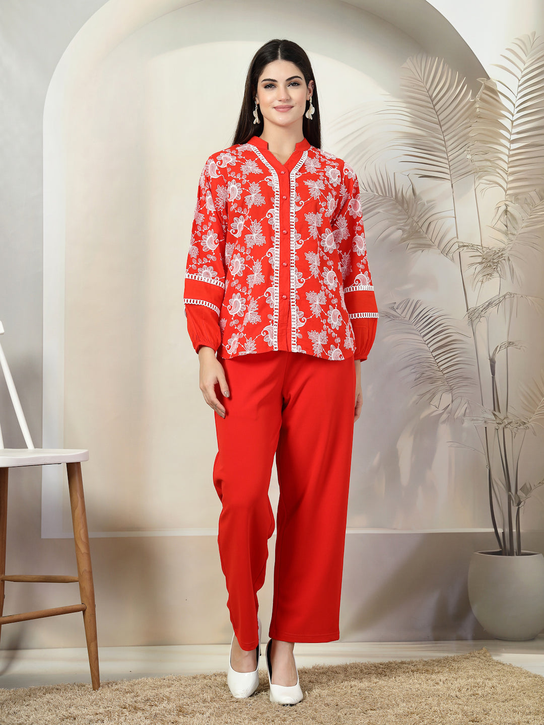 Embroidered Pure Cotton Shirt With Trousers Co-Ords