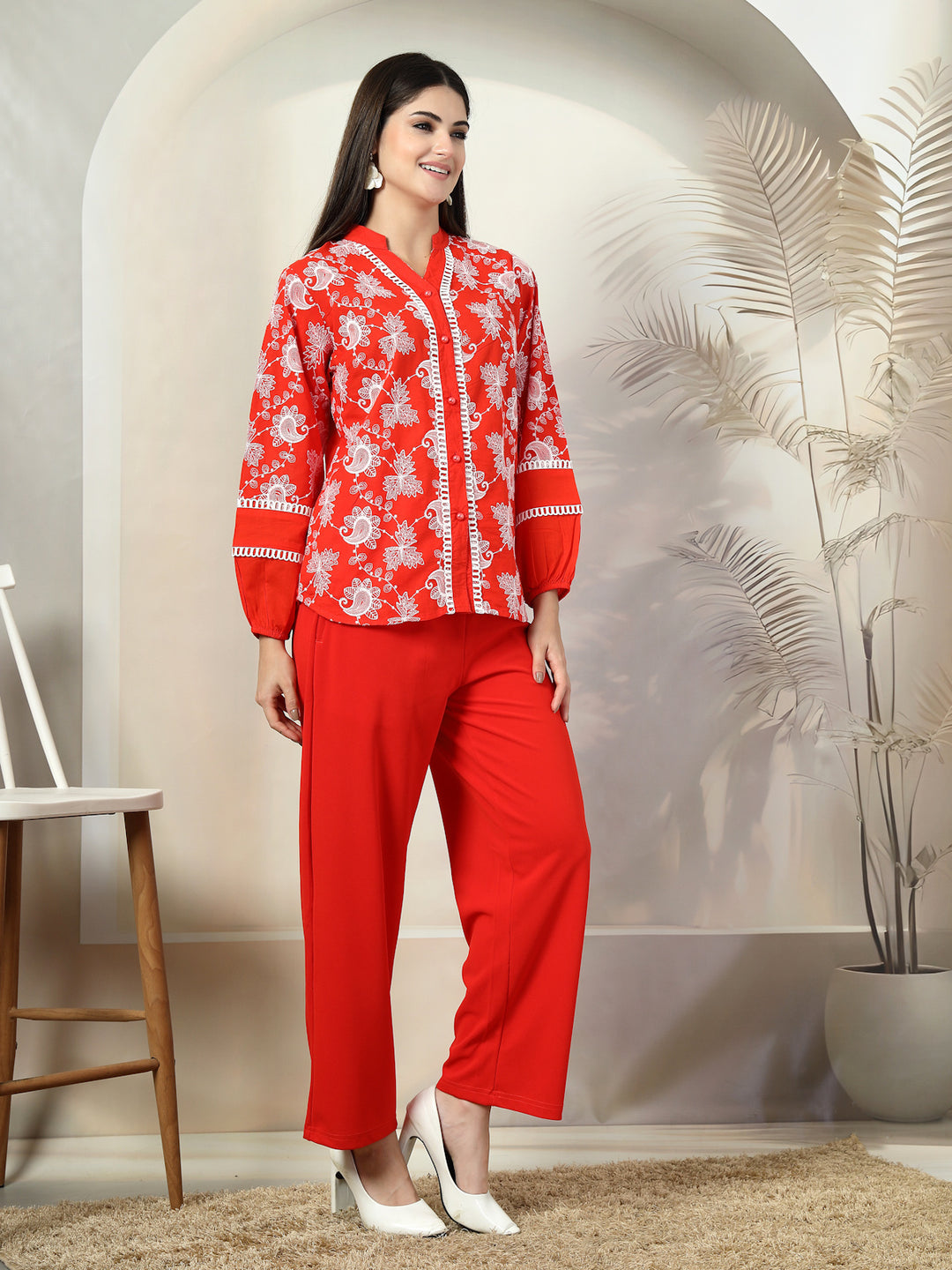 Embroidered Pure Cotton Shirt With Trousers Co-Ords