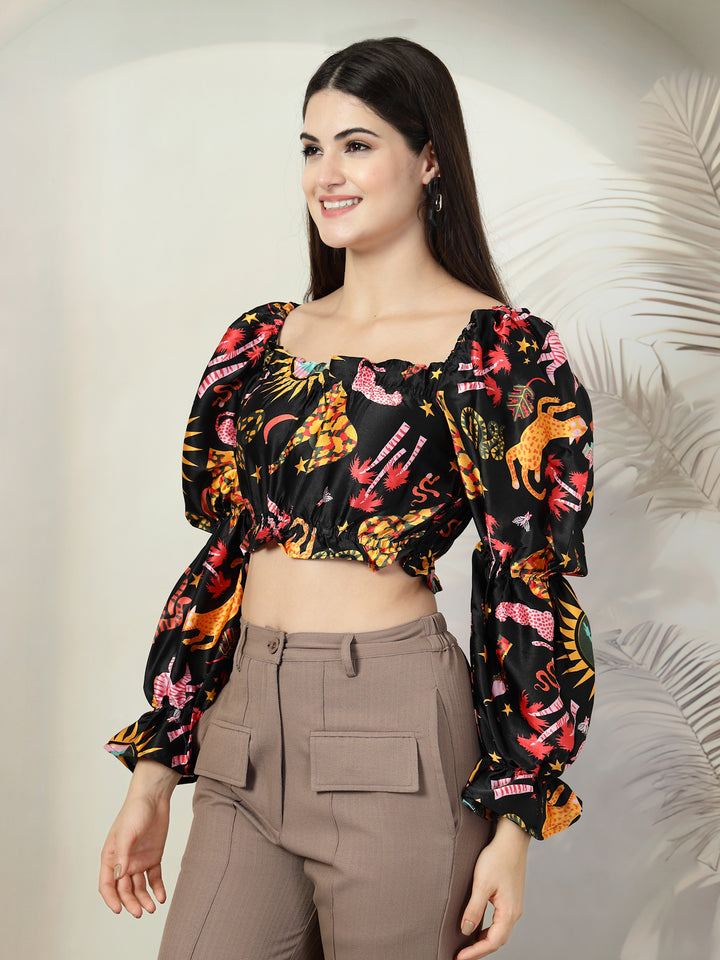 Floral Print Puff Sleeve Crop Top