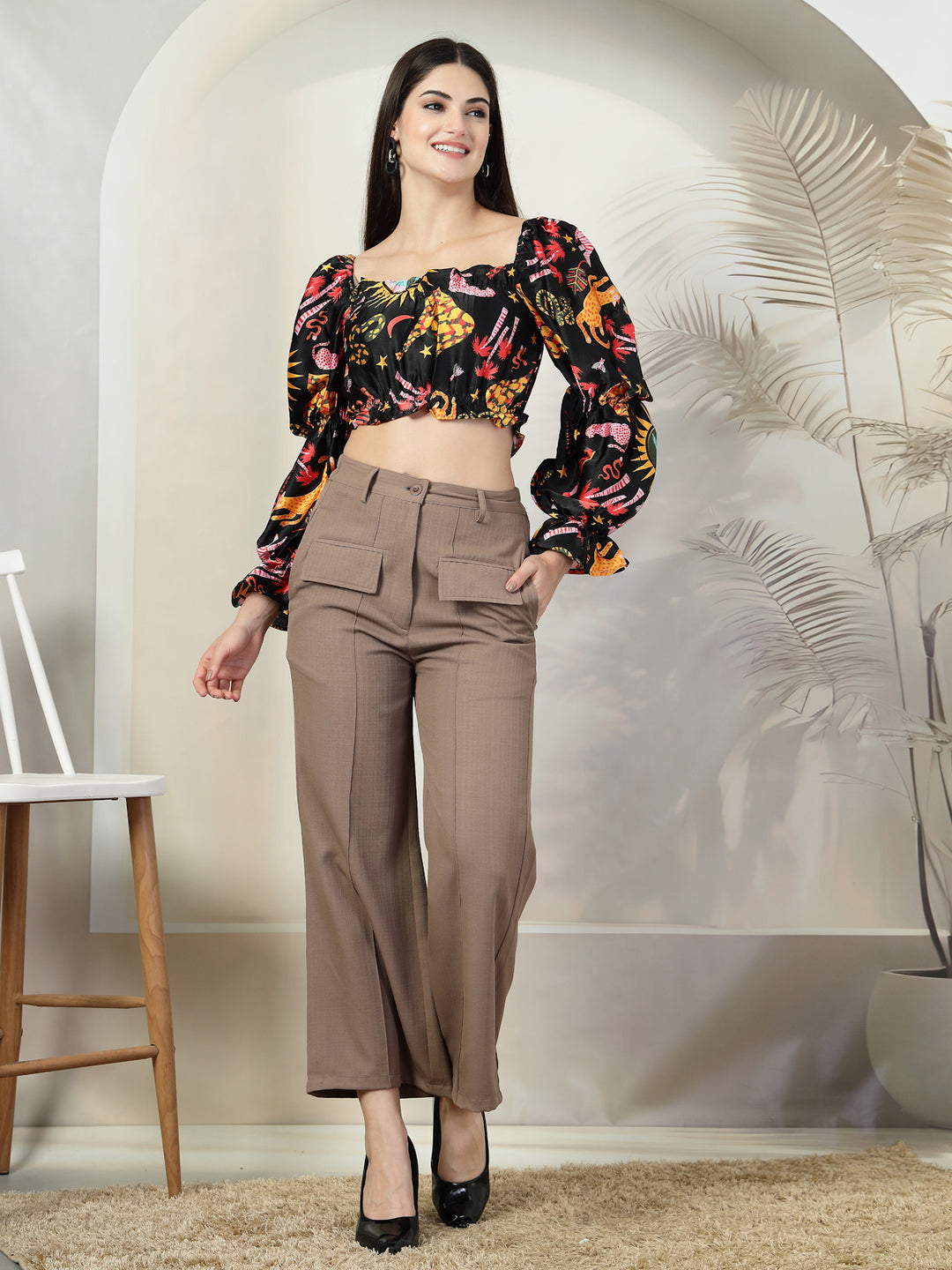 Floral Print Puff Sleeve Crop Top