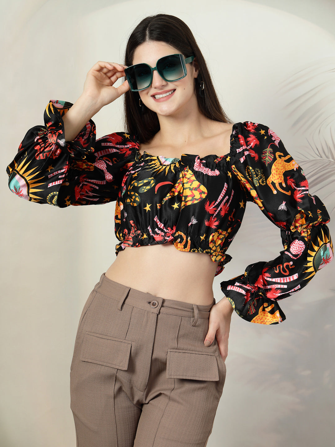 Floral Print Puff Sleeve Crop Top