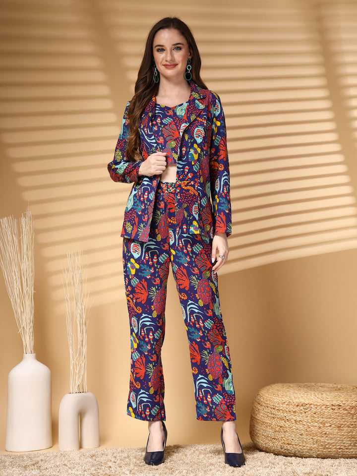 Printed Pure Cotton Top With Trousers & Blazer Co-Ords