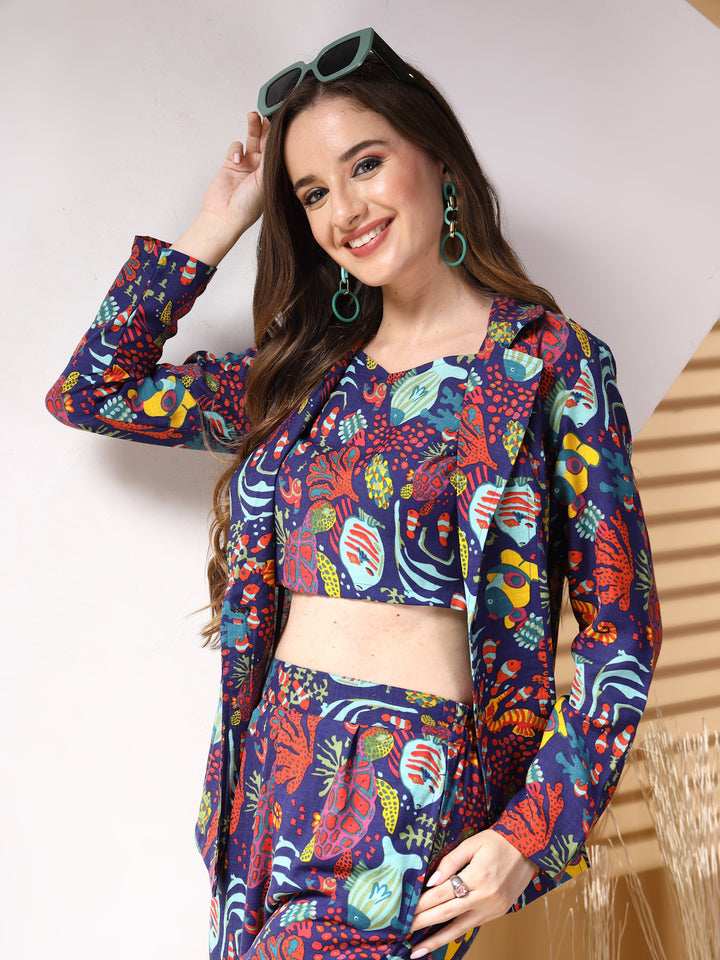 Printed Pure Cotton Top With Trousers & Blazer Co-Ords