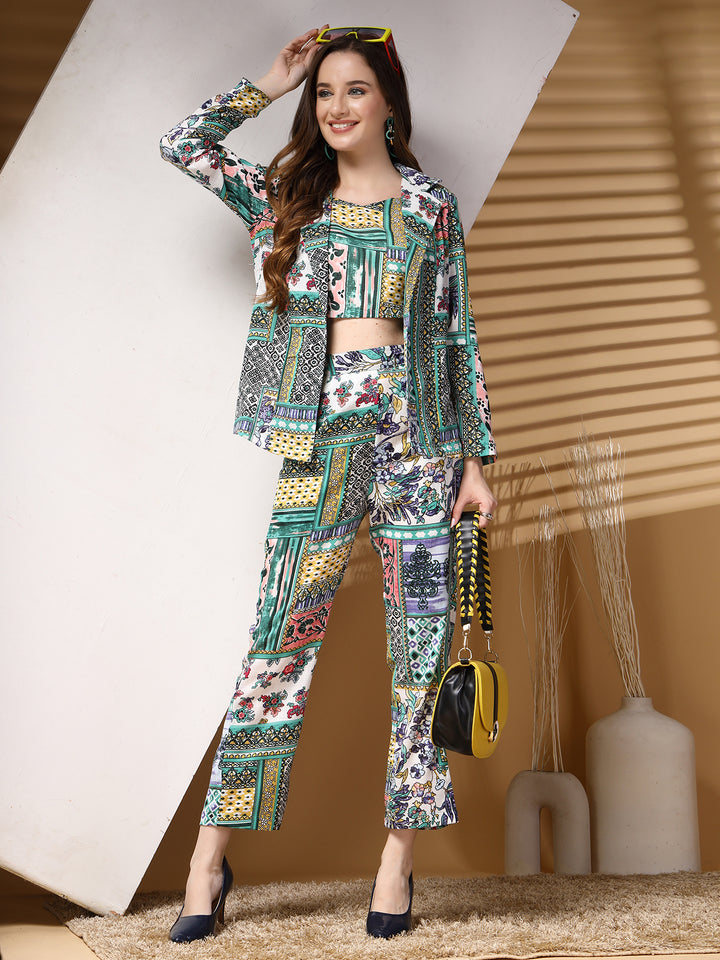 Women Printed Pure Cotton Top With Trouser & Blazer Co-Ords