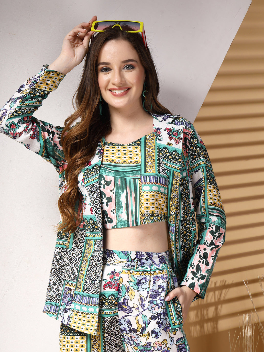 Women Printed Pure Cotton Top With Trouser & Blazer Co-Ords