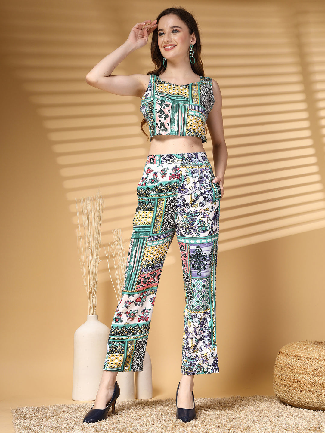 Women Printed Pure Cotton Top With Trouser & Blazer Co-Ords