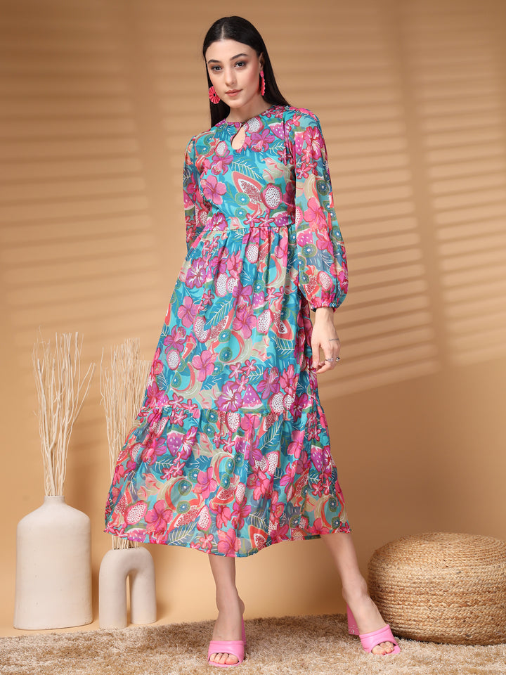 Floral Print Puff Sleeve A-Line Midi Dress