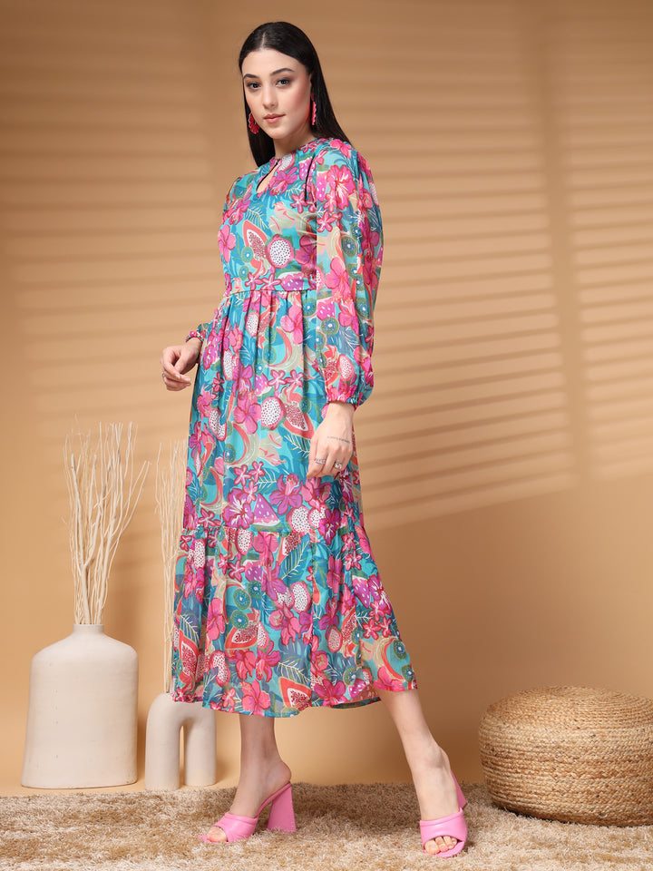 Floral Print Puff Sleeve A-Line Midi Dress