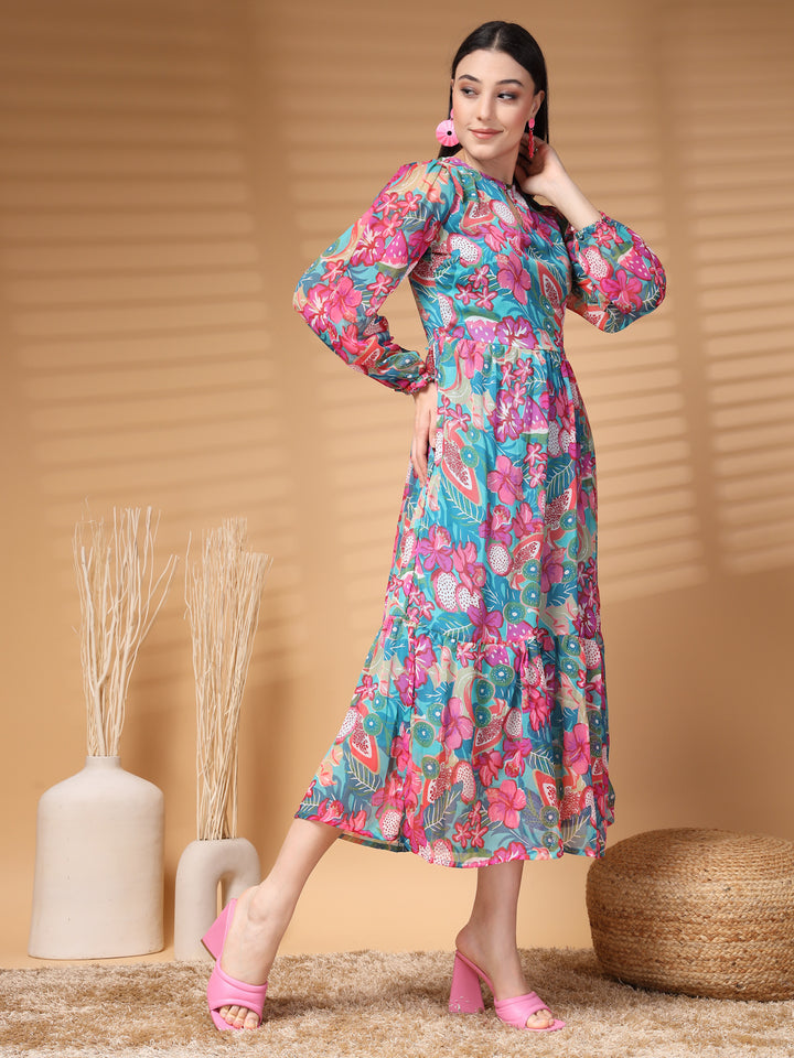 Floral Print Puff Sleeve A-Line Midi Dress