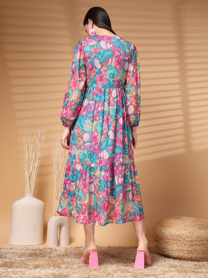 Floral Print Puff Sleeve A-Line Midi Dress