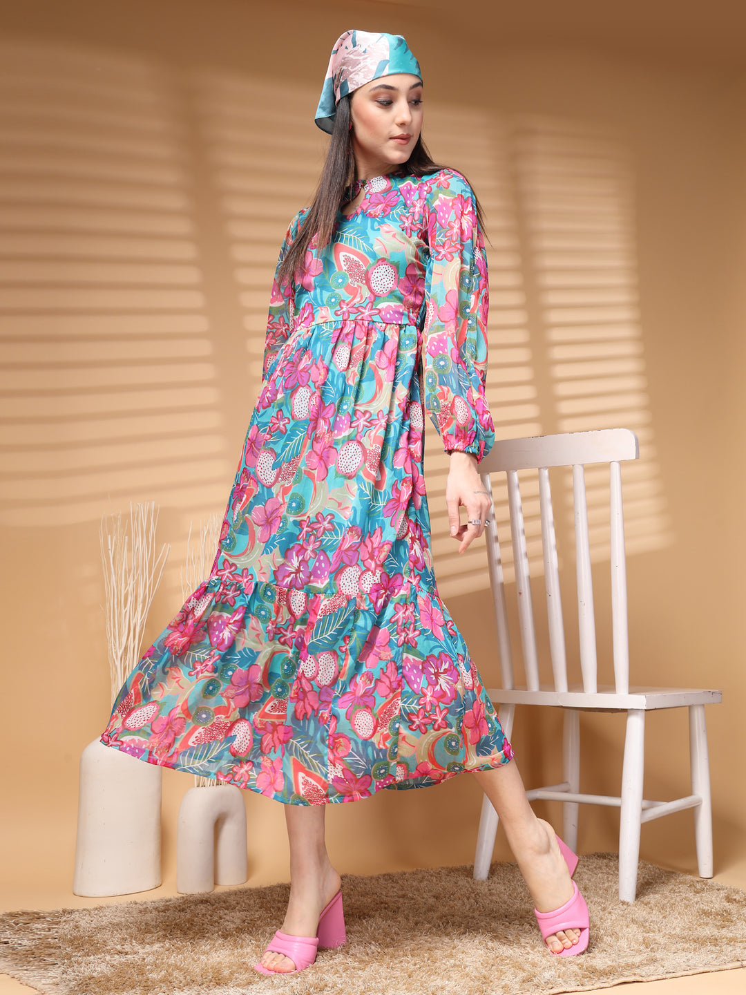 Floral Print Puff Sleeve A-Line Midi Dress